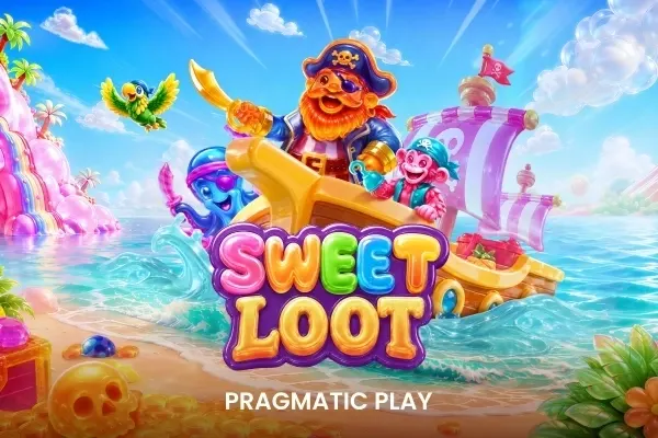 En rødskjegget pirat med papegøye, blekksprut og apekatt står i en gullbåt på et rosa godterihav i Sweet Loot (Pragmatic Play).