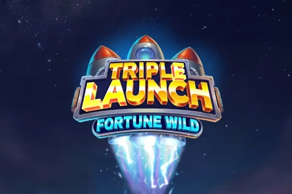 Tre røde og sølvfargede raketter skyter opp fra en stjernehimmel bak logoen Triple Launch Fortune Wild (Play'n GO).