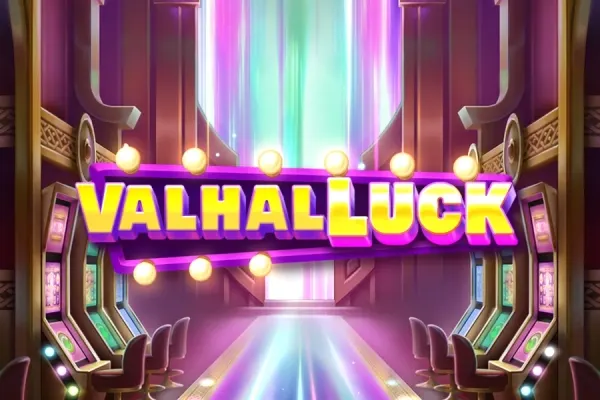 Lilla skilt med lyspærer og gule bokstaver for ValhalLuck (Play'n GO) i en hall med spilleautomater og regnbuefarget lys.