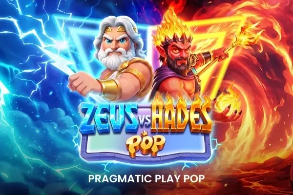 Zevs med lyn i blått og Hades med flammehår i rødt stilt mot hverandre på omslaget til Zeus vs Hades POP (Pragmatic Play).